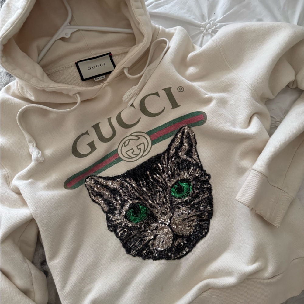 Women's Gucci Authentic Beige Hoodie Cat sequin logo medium - hooded sweatshirt
